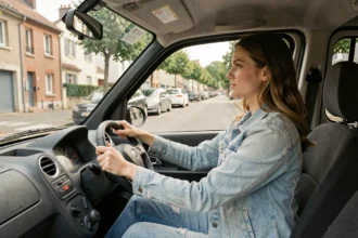 Jeune femme conduisant une voiture sans permis dans une rue de quartier résidentiel français