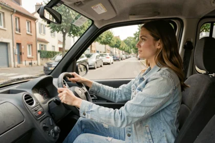 Jeune femme conduisant une voiture sans permis dans une rue de quartier résidentiel français