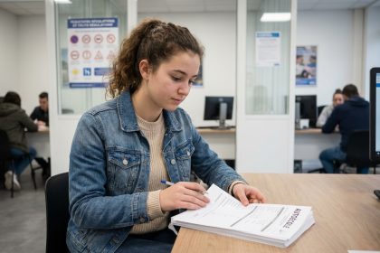 Fille adolescente concentrée à remplir un formulaire d'inscription autoécole