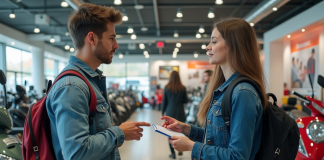 Acheter un scooter sans BSR : conditions, démarches, astuces Jeune homme parlant avec un vendeur dans une concession scooter