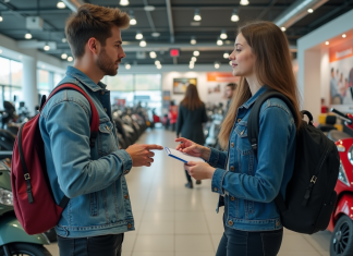 Acheter un scooter sans BSR : conditions, démarches, astuces Jeune homme parlant avec un vendeur dans une concession scooter