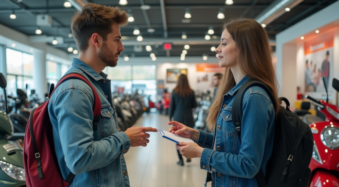 Acheter un scooter sans BSR : conditions, démarches, astuces Jeune homme parlant avec un vendeur dans une concession scooter