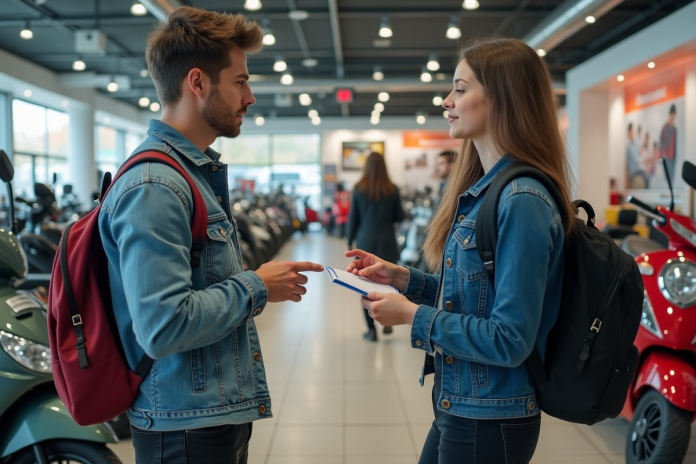 jeune-homme-concession-scooter Jeune homme parlant avec un vendeur dans une concession scooter