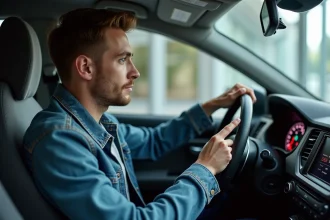 Jeune homme pointant le tableau de bord de la voiture