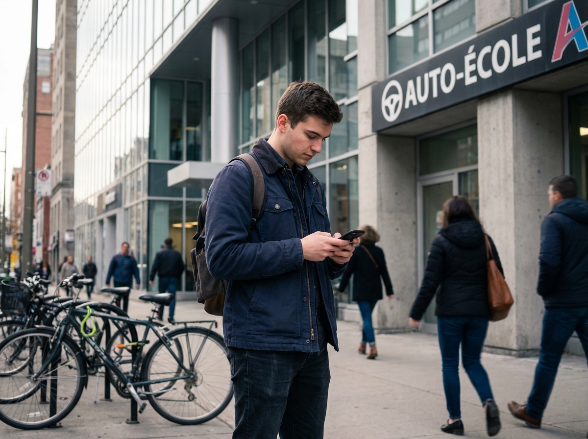 Jeune homme regardant son smartphone devant une autoécole moderne