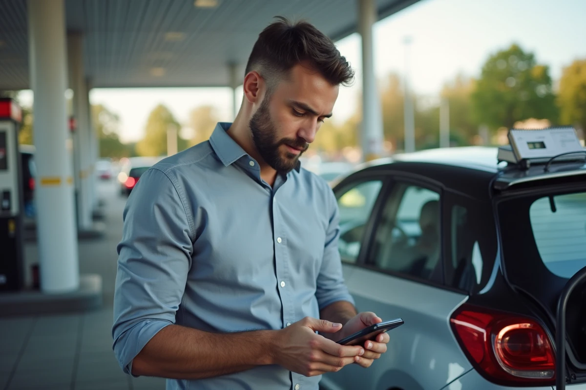 Jeune homme au station service utilisant son smartphone