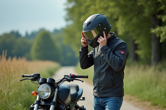 Jeune homme en moto casque dans la campagne
