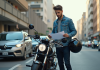 Assurance moto : quel prix ? Comment choisir la meilleure offre ? Jeune homme avec casque et moto en ville pour assurance