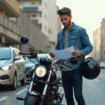 Assurance moto : quel prix ? Comment choisir la meilleure offre ? Jeune homme avec casque et moto en ville pour assurance