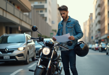 Jeune homme avec casque et moto en ville pour assurance