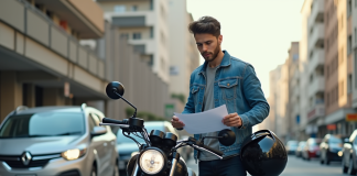 Jeune homme avec casque et moto en ville pour assurance