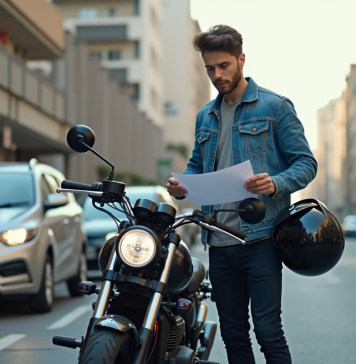 Assurance moto : quel prix ? Comment choisir la meilleure offre ? Jeune homme avec casque et moto en ville pour assurance