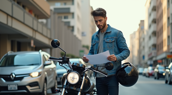 Assurance moto : quel prix ? Comment choisir la meilleure offre ? Jeune homme avec casque et moto en ville pour assurance
