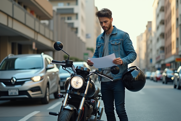 Jeune homme avec casque et moto en ville pour assurance