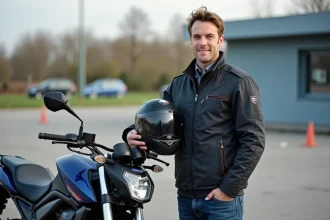 Jeune homme avec casque et moto devant une école de conduite