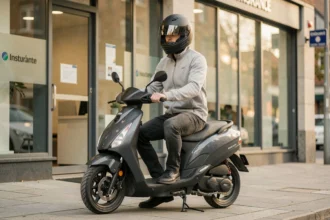 Jeune homme assis sur une moto électrique 50cc devant une agence d'assurance, portant un casque intégral et une veste grise