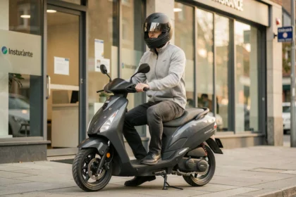 Jeune homme assis sur une moto électrique 50cc devant une agence d'assurance, portant un casque intégral et une veste grise