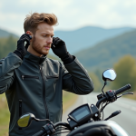 Écouteurs et moto : comment les utiliser en toute sécurité ? Jeune homme en veste moto ajustant ses écouteurs près de sa moto