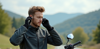 Jeune homme en veste moto ajustant ses écouteurs près de sa moto