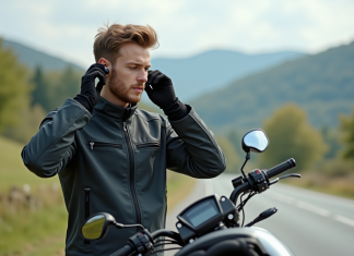 Écouteurs et moto : comment les utiliser en toute sécurité ? Jeune homme en veste moto ajustant ses écouteurs près de sa moto