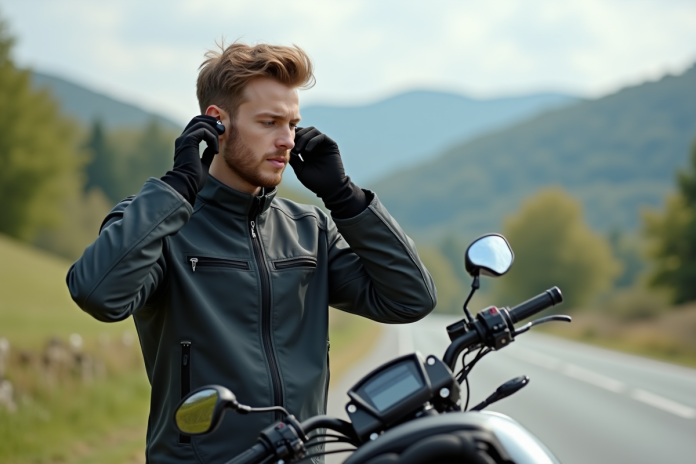 Jeune homme en veste moto ajustant ses écouteurs près de sa moto