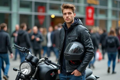Jeune homme avec casque et moto au salon de Lyon