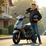 Les meilleures marques de motos 50cc homologuées pour la route Jeune garçon avec moto et casque sur rue résidentielle