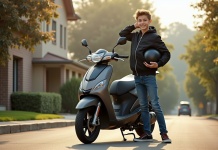 Les meilleures marques de motos 50cc homologuées pour la route Jeune garçon avec moto et casque sur rue résidentielle