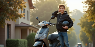 Jeune garçon avec moto et casque sur rue résidentielle