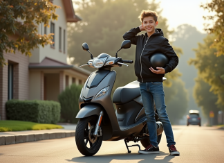 Les meilleures marques de motos 50cc homologuées pour la route Jeune garçon avec moto et casque sur rue résidentielle