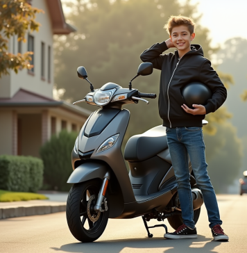 Les meilleures marques de motos 50cc homologuées pour la route Jeune garçon avec moto et casque sur rue résidentielle