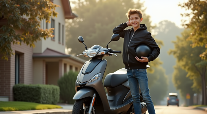 Les meilleures marques de motos 50cc homologuées pour la route Jeune garçon avec moto et casque sur rue résidentielle