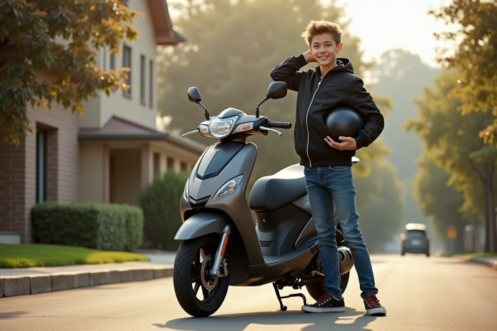 Jeune garçon avec moto et casque sur rue résidentielle