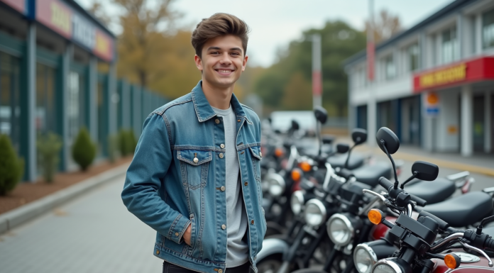 Jeune homme souriant à côté de motos Dax d'occasion