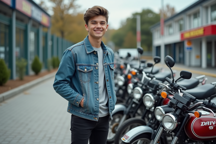 jeune-homme-motos-dax-occasion Jeune homme souriant à côté de motos Dax d'occasion