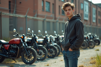 Jeune homme contemplant des motos dans un lot urbain abandonné