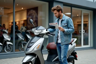 Jeune homme avec scooter en ville lisant une brochure