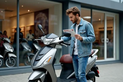 Jeune homme avec scooter en ville lisant une brochure