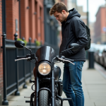 Vérifiez une moto volée : comment faire la vérification ? Jeune homme vérifiant la plaque d'une moto en ville