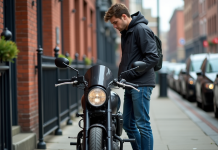 Jeune homme vérifiant la plaque d'une moto en ville