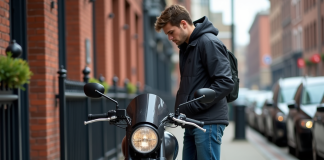 Jeune homme vérifiant la plaque d'une moto en ville