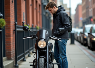 Vérifiez une moto volée : comment faire la vérification ? Jeune homme vérifiant la plaque d'une moto en ville