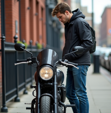 Vérifiez une moto volée : comment faire la vérification ? Jeune homme vérifiant la plaque d'une moto en ville