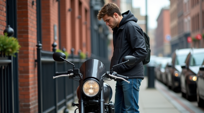 Vérifiez une moto volée : comment faire la vérification ? Jeune homme vérifiant la plaque d'une moto en ville