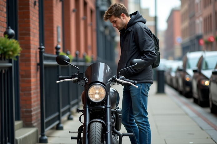 jeune-homme-verifiant-plaques-moto Jeune homme vérifiant la plaque d'une moto en ville