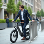 Jeune homme en business casual attachant un vélo électrique en ville