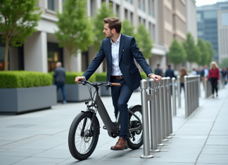 Jeune homme en business casual attachant un vélo électrique en ville