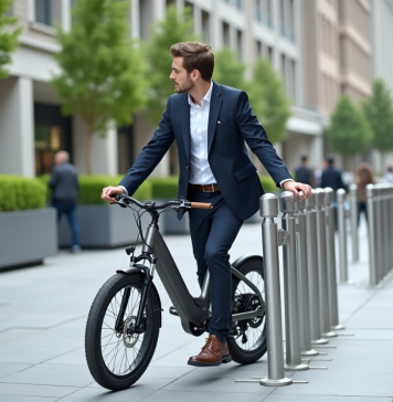 Jeune homme en business casual attachant un vélo électrique en ville