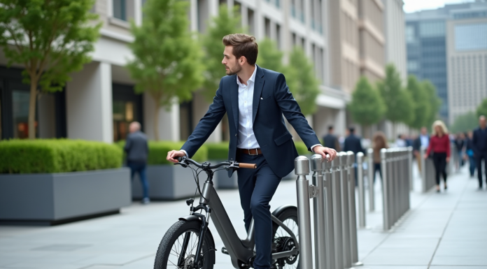 Jeune homme en business casual attachant un vélo électrique en ville