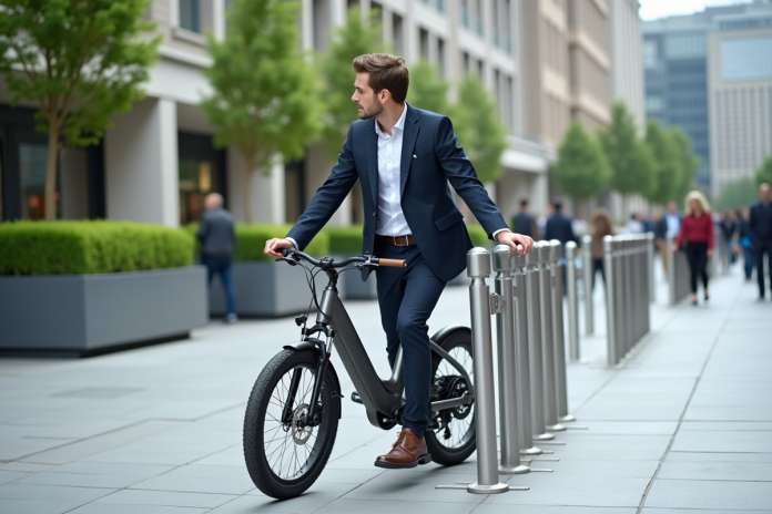 Jeune homme en business casual attachant un vélo électrique en ville